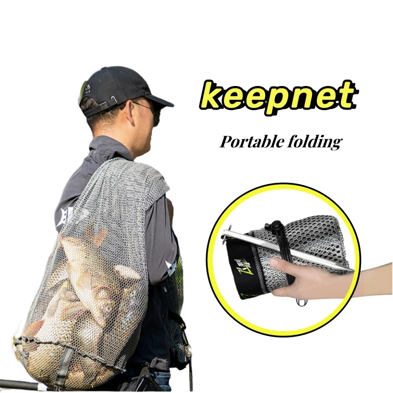 Fishing Gear for Stream Fishing: Portable Foldable Fish Care with Quick Dry, Mesh Pocket and Drawstring，Fish Basket and Keepnet