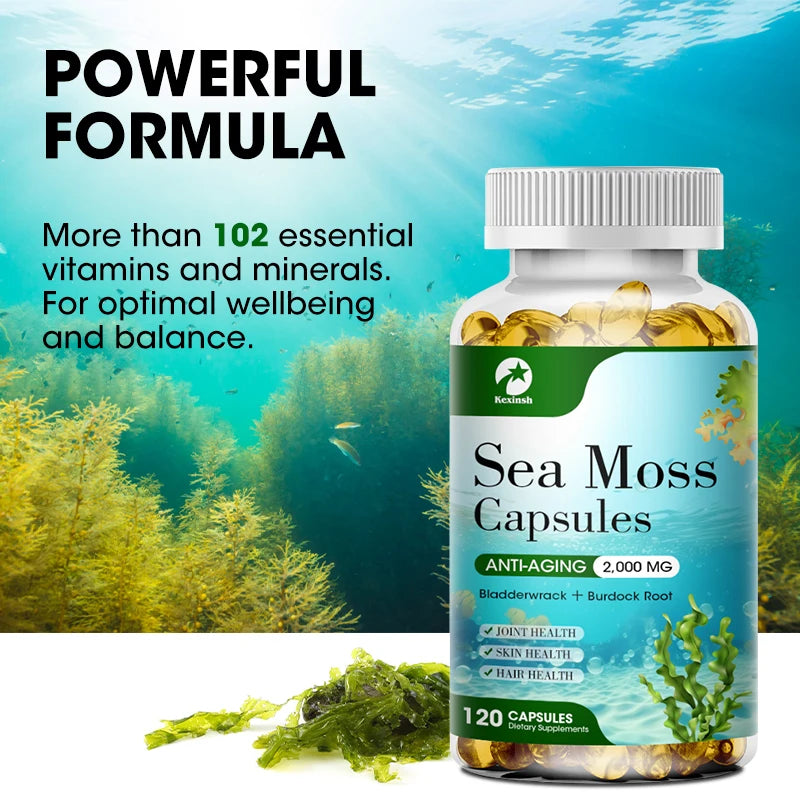 Kexinsh Organic Sea Moss Capsule Supports Thyroid Health Anti-aging Antioxidant Improve Immunity Detox Beauty Health