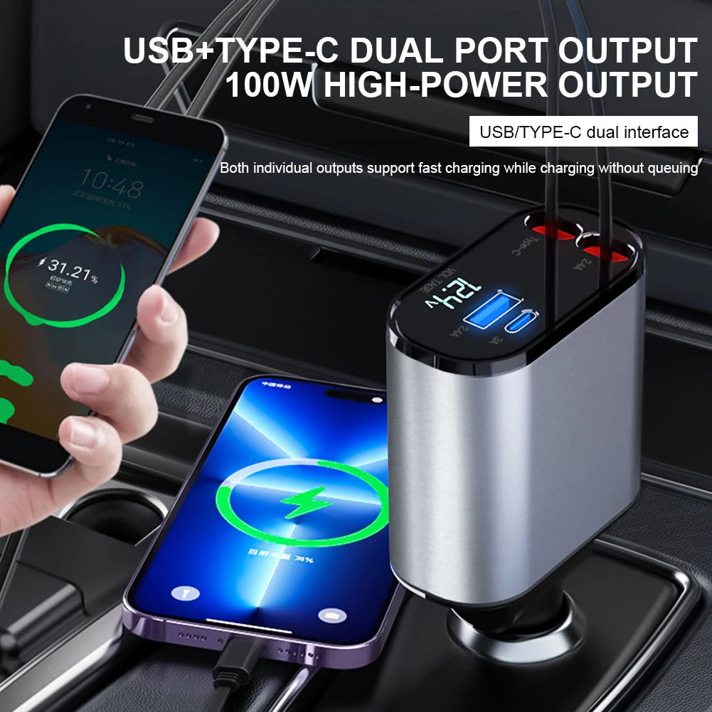 120W 4 IN 1 Retractable Car Charger USB Type C Cable For IPhone Xiaomi Huawei Samsung Fast Charge Cord Cigarette Lighter Adapter