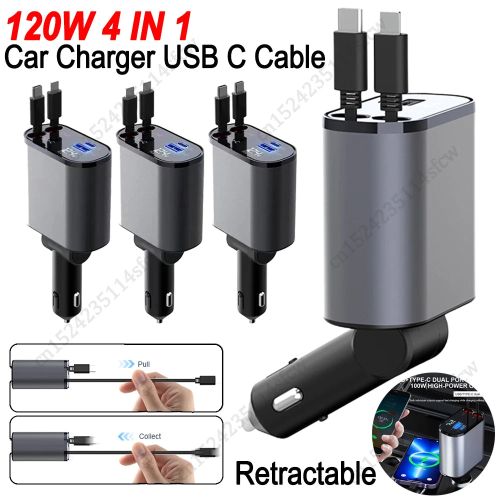 120W 4 IN 1 Retractable Car Charger USB Type C Cable For IPhone Xiaomi Huawei Samsung Fast Charge Cord Cigarette Lighter Adapter