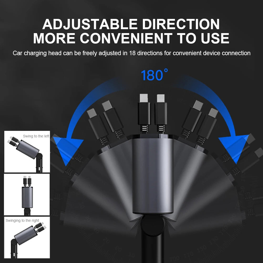 120W 4 IN 1 Retractable Car Charger USB Type C Cable For IPhone Xiaomi Huawei Samsung Fast Charge Cord Cigarette Lighter Adapter