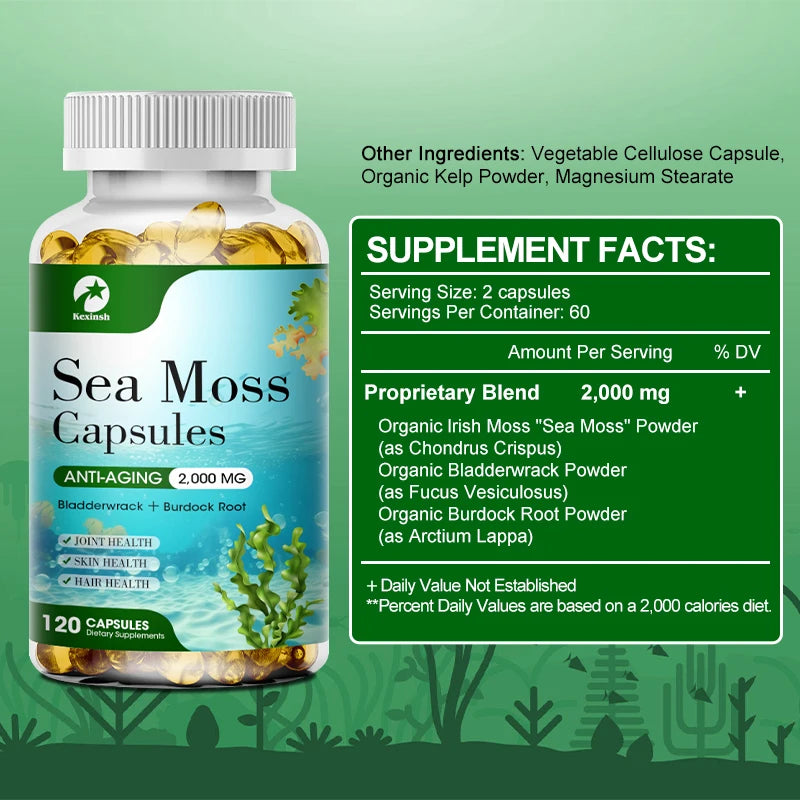 Kexinsh Organic Sea Moss Capsule Supports Thyroid Health Anti-aging Antioxidant Improve Immunity Detox Beauty Health